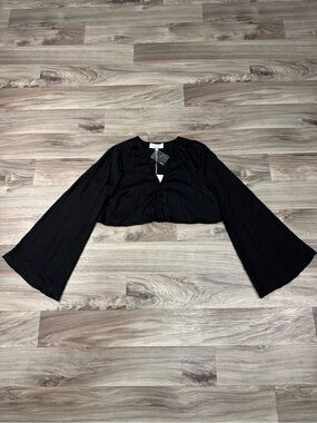 L'Academie Sasha Black Satin Crop Top Bell Sleeve Blouse Size Small